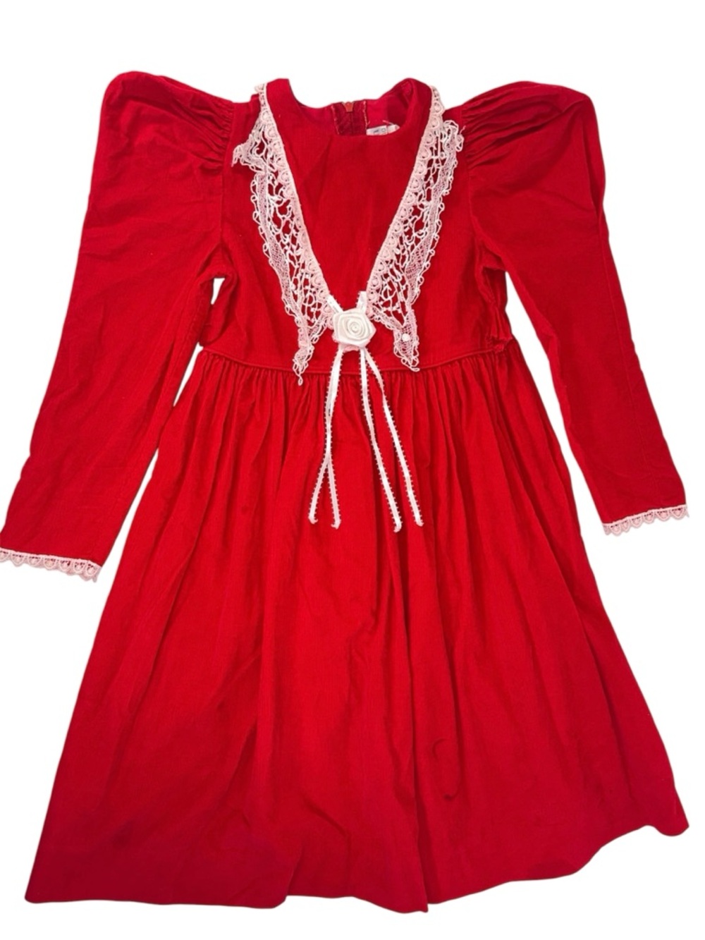 Vintage Ruth of Carolina Girls Size 5 Red Prairie Lace Trim Puff Sleeve Dress